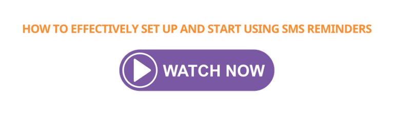 A play button that leads to a help video on setting up SMS appointment reminders with private practice software