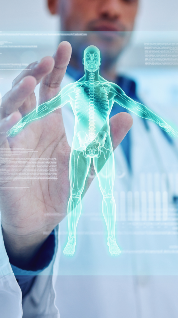 Doctor using advanced holographic anatomy display, representing innovative diagnostics at The Health Equation clinic.