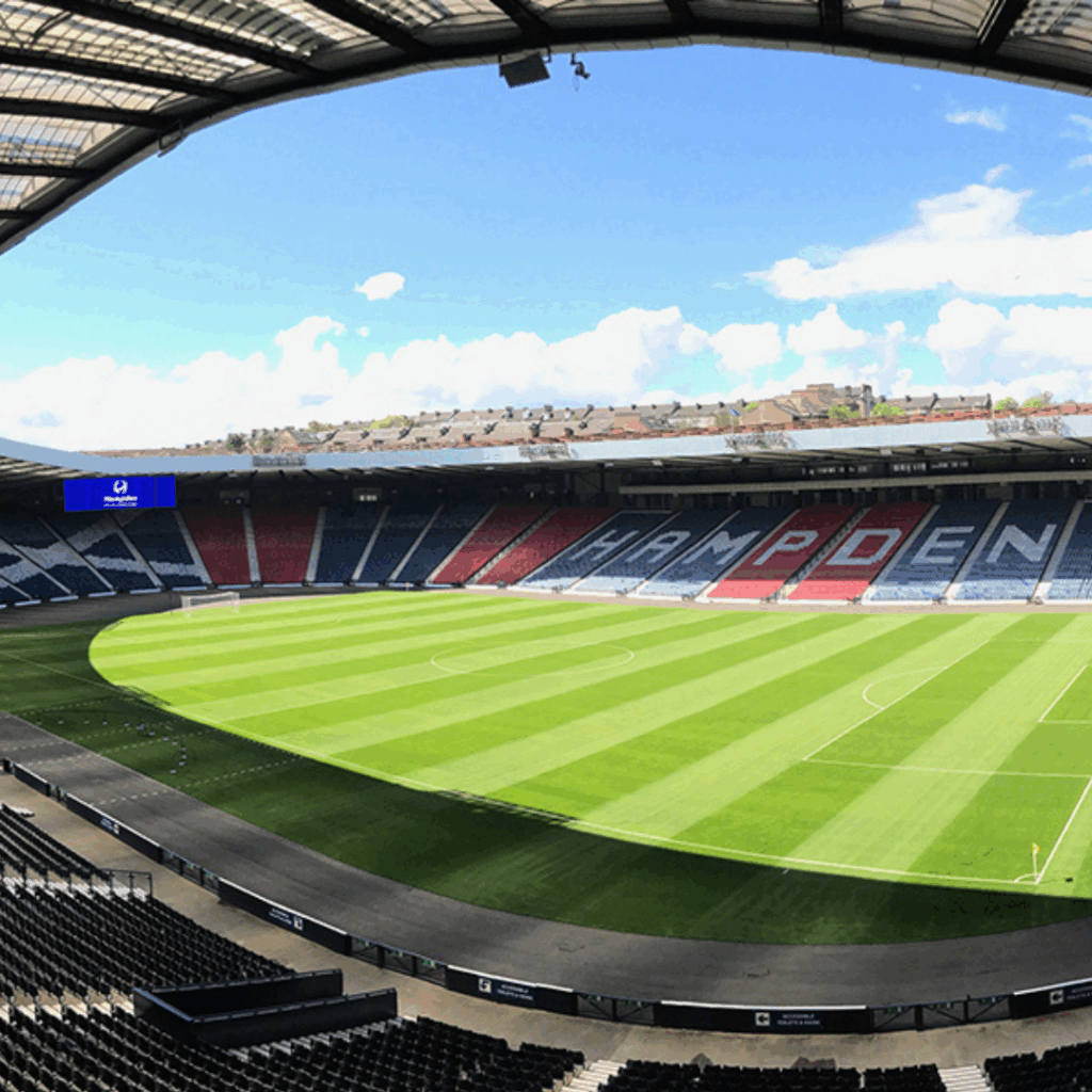 Image of Hampden Park Stadium bowl showing Hampden on the seats and a Saltire on the left hand side