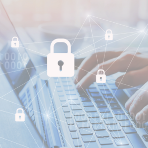 Image of a laptop keyboard with finders resting on the keys with a transparant overlay of white lines and white padlock icons