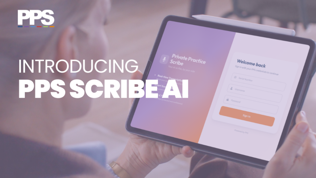 Image of a woman holding a tablet device with PPS Scribe clinical notes AI assistant on screen